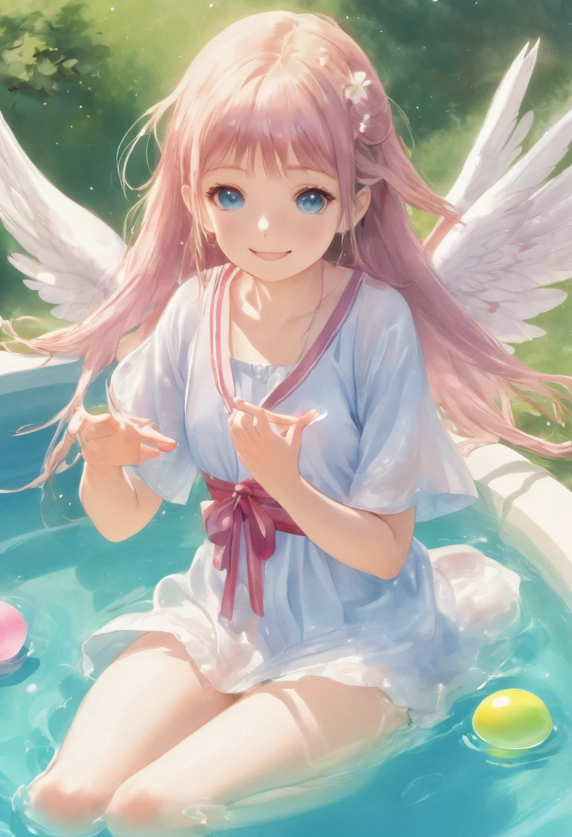 Watercolor textures used. Delicate Japanese water balloons floating in water in a delicate vinyl Japanese kiddie pool on a fresh sunny summer day. A super cute and beautiful little angel of a young girl drawn with a delicate moe anime touch. Delicate and cute in a delicately designed yukata.  lilia, She looks cool with only her feet in the water of a delicate Japanese kiddie pool. Delicate Japanese wind chimes swaying in the wind on the eaves of the porch. She smiles with her mouth open. Round, large, sparkling, attractive eyes. Her hair is delicate and silky pink and strikingly pretty. Cute composition and pose. Large translucent shiny angel wings. Tasteful and cool background of Japanese house with delicate porch, delicate Japanese wind chimes and cool Japanese water balloons floating in water Japanese kiddie pool on sunny fresh summer day. Cute . Summer . Mocking. Childish. Moe. Fantasy. Magical fantasy. Top quality. Highest quality. Highest detail.