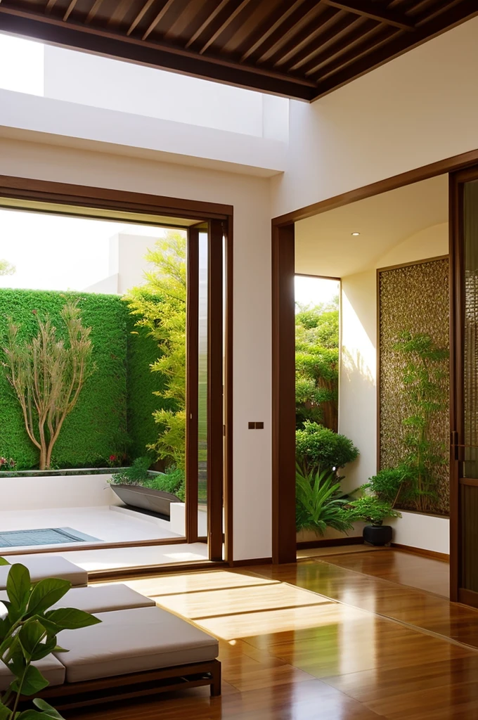 Create image of a spacious, serene room influenced by modern Japandi aesthetics with a view of a garden