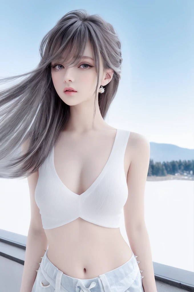 {{a extremely delicate and beautiful girl}}, {{extremely delicate and beautiful girl}}, {{{soft focus}}}, {{{perfect details}}}, {{{detailed and beautiful}}}, close shot, looking away, depthoffield, look up to, beautiful detailed fullbody, longuette, {{{woman}}}, young, Long hair, spiked hair, wept bangs, grey hair, Perfect face, ?, detailed beautiful eyes, white skin, piercing, harajuku fashion, sleeveless shirt, open clothes, landscapes, white background, blurry background, cinematic lighting, flowing transparent white, {{{best masterpiece}}}, {{{best quality}}}, {{{extremely detailed 8K wallpaper}}},