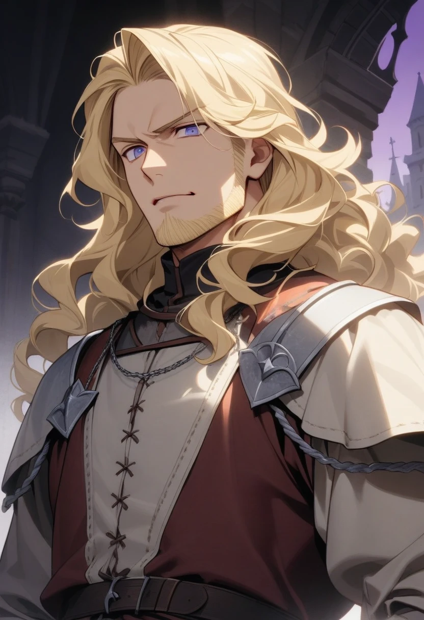male, late 30s, blond, shoulder-length, middle-part wavy hair, (light-purple, deep-set, Sanpaku eyes), slightly thick blond beard, aquiline and hooked nose, slightly underbite, chiseled, slightly long face, fearless expression, medieval European royal attire, upper body