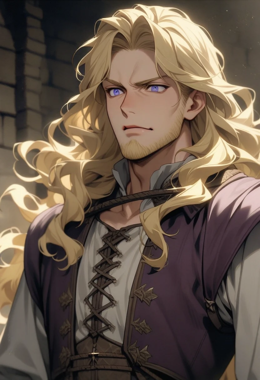 male, late 30s, blond, shoulder-length, middle-part wavy hair, (light-purple, deep-set, Sanpaku eyes), slightly thick blond beard, aquiline and hooked nose, slightly underbite, chiseled, slightly long face, fearless expression, medieval European royal attire, upper body