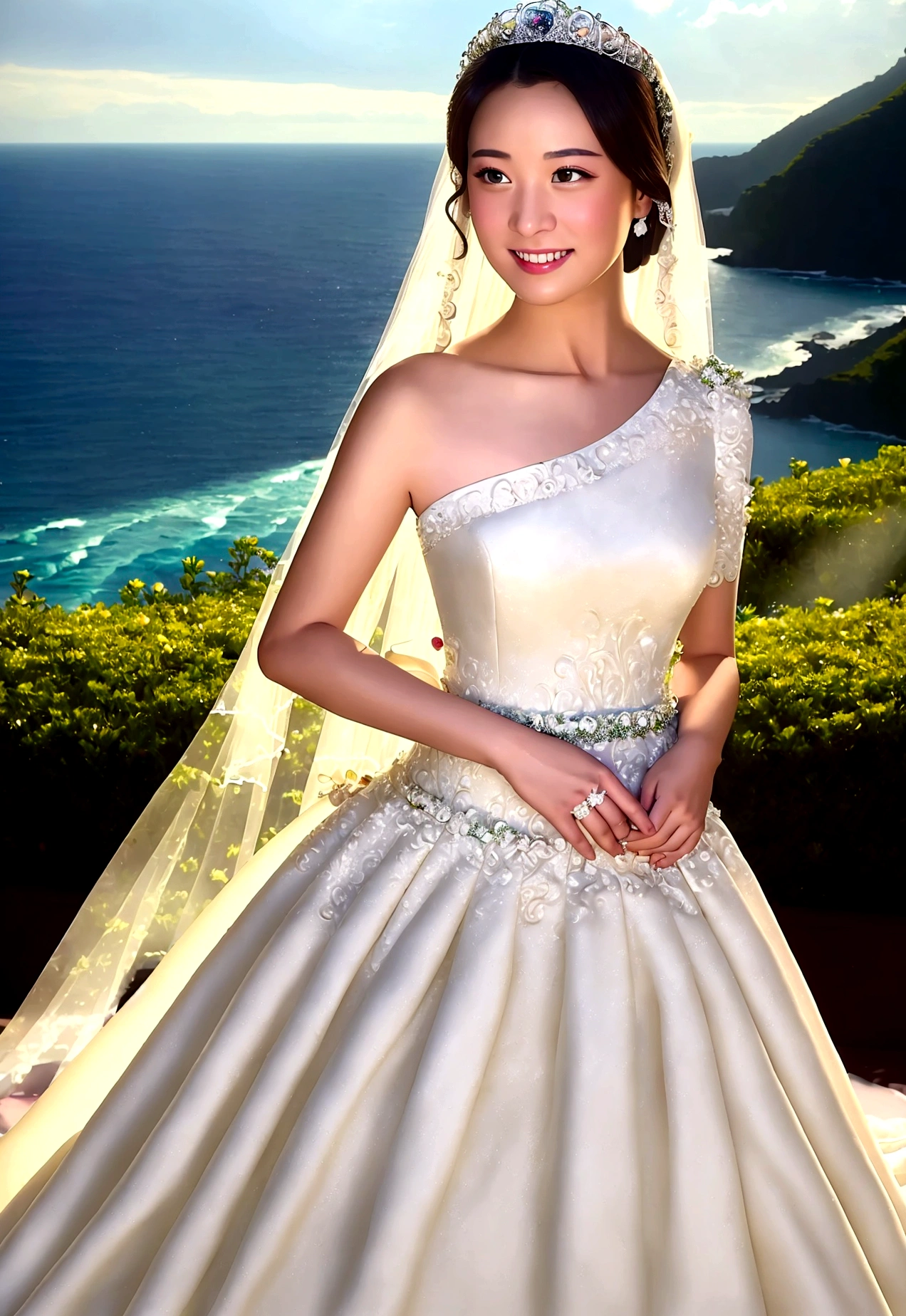 (Highest quality, Tabletop:1.2), (Realistic:1.3), (非常にDetailed Background, Detailed Background), Bokeh,Shooting from the side,  ((Medium chest)), [[valley]],(Princess line wedding dress:1.3),(((One Shoulder:1.3))), Bridal Tiara, Bridal Veil, Bridal Gauntlet,  Upper Body, (Wedding venues near the sea:1.2), smile,