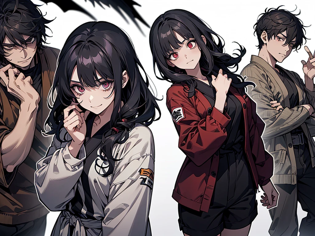 A girl in the Boku no hero style, She is wearing her hero outfit which consists of, a long-sleeved jumpsuit that covers your entire neck and ends in shorts, on top a kimono with a raven on each side drawn on it,
.The girl is transformed into a zombie her hair is now completely black like her eyes but her iris is red her hair is loose she has a smile on her face while controlling other zombies in Tokyo square
