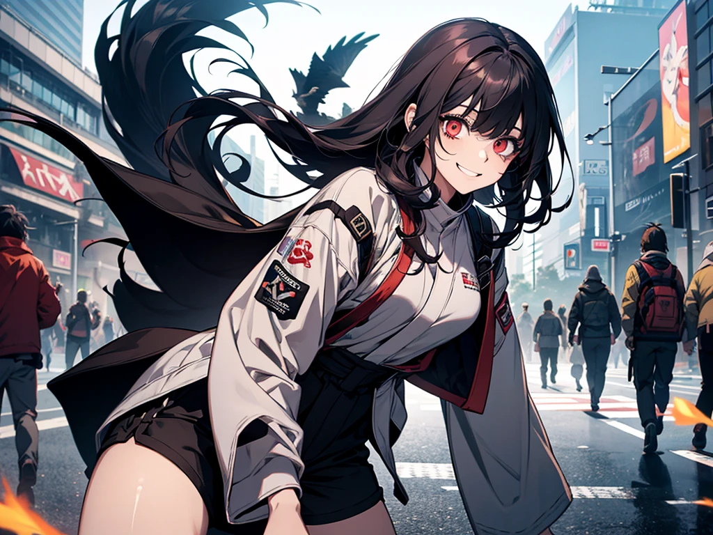 A girl in the Boku no hero style, She is wearing her hero outfit which consists of, a long-sleeved jumpsuit that covers your entire neck and ends in shorts, on top a kimono with a raven on each side drawn on it,
.The girl is transformed into a zombie her hair is now completely black like her eyes but her iris is red her hair is loose she has a smile on her face while controlling other zombies in Tokyo square