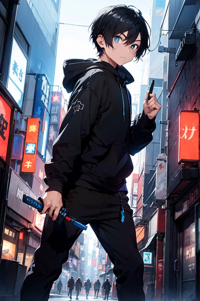 1boy, manly, cyberpunk style, holding blue katana sword in right hand , short black hair, blue eyes, wearing black long sleeve hoodie with Japanese words, black large trousers, city, high res, ultrasharp, 8K, masterpiece, looking at the sky, night with shining stars,