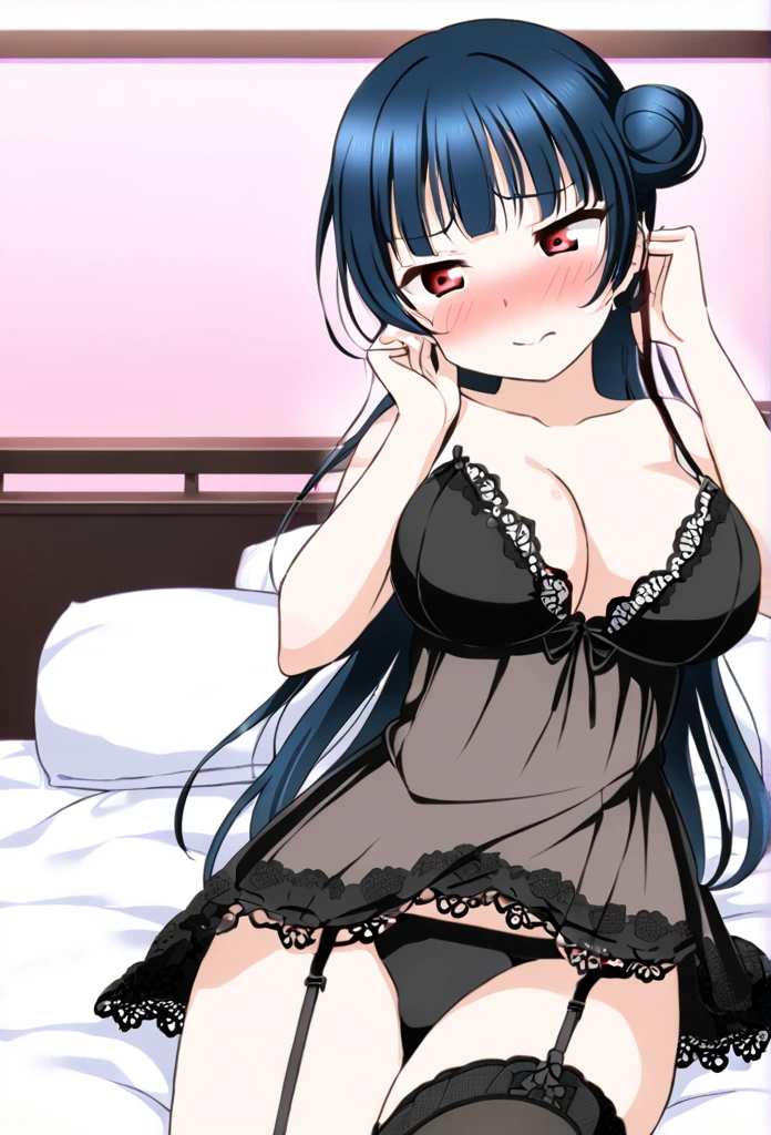 Yoshiko Tsushima　Blue Hair　Red Eye　Left bun hairstyle　Semi-long hair　Black negligee　bed　bedに座る　Brush your hair back　Black garter belt　smile　Embarrassed　Large Breasts