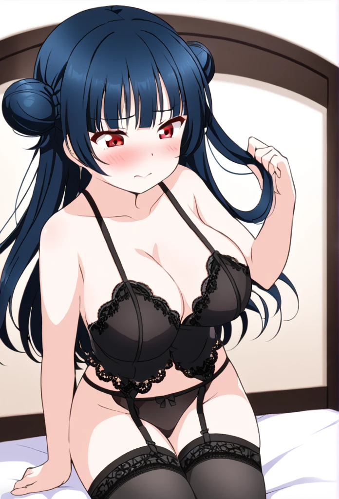 Yoshiko Tsushima Blue Hair Red Eye Left bun hairstyle Semi-long hair Black negligee bed bedに座る Brush your hair back Black garter belt smile Embarrassed Large Breasts