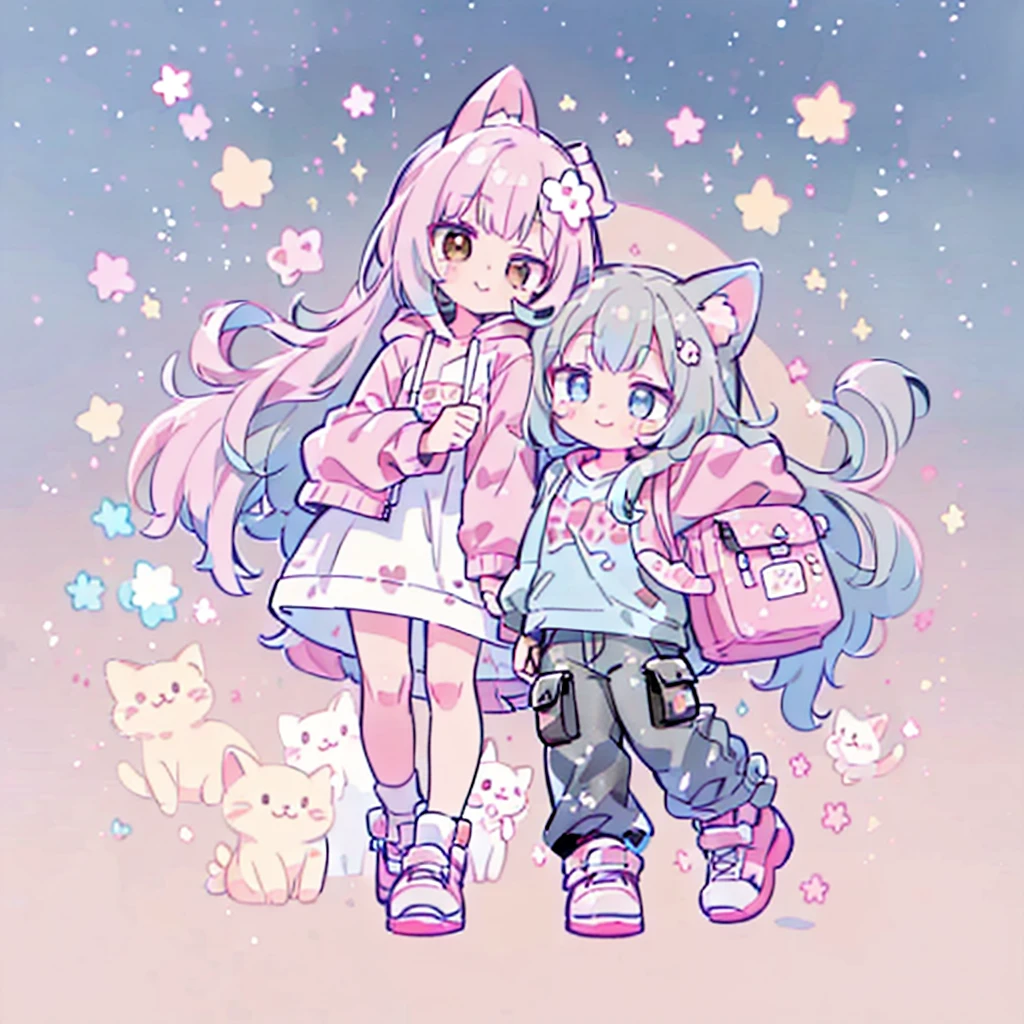 ((Highest quality，masterpiece，Extremely complex and exquisite details，A short girl with gray and blue cat ears and long hair is in the center，Gray blue super long straight hair，Curly hair at the ends，Sparse air bangs，Gray and pink T-shirt with xJ lettering，Denim hooded cropped jacket，Black and gray long cargo pants))，(pink and white sneakers，Smile slightly，Surrounded by tons of cute short-legged cats，Correct anatomy)，Super Q super cute short full body portrait，Starry sky background vertical painting space scene