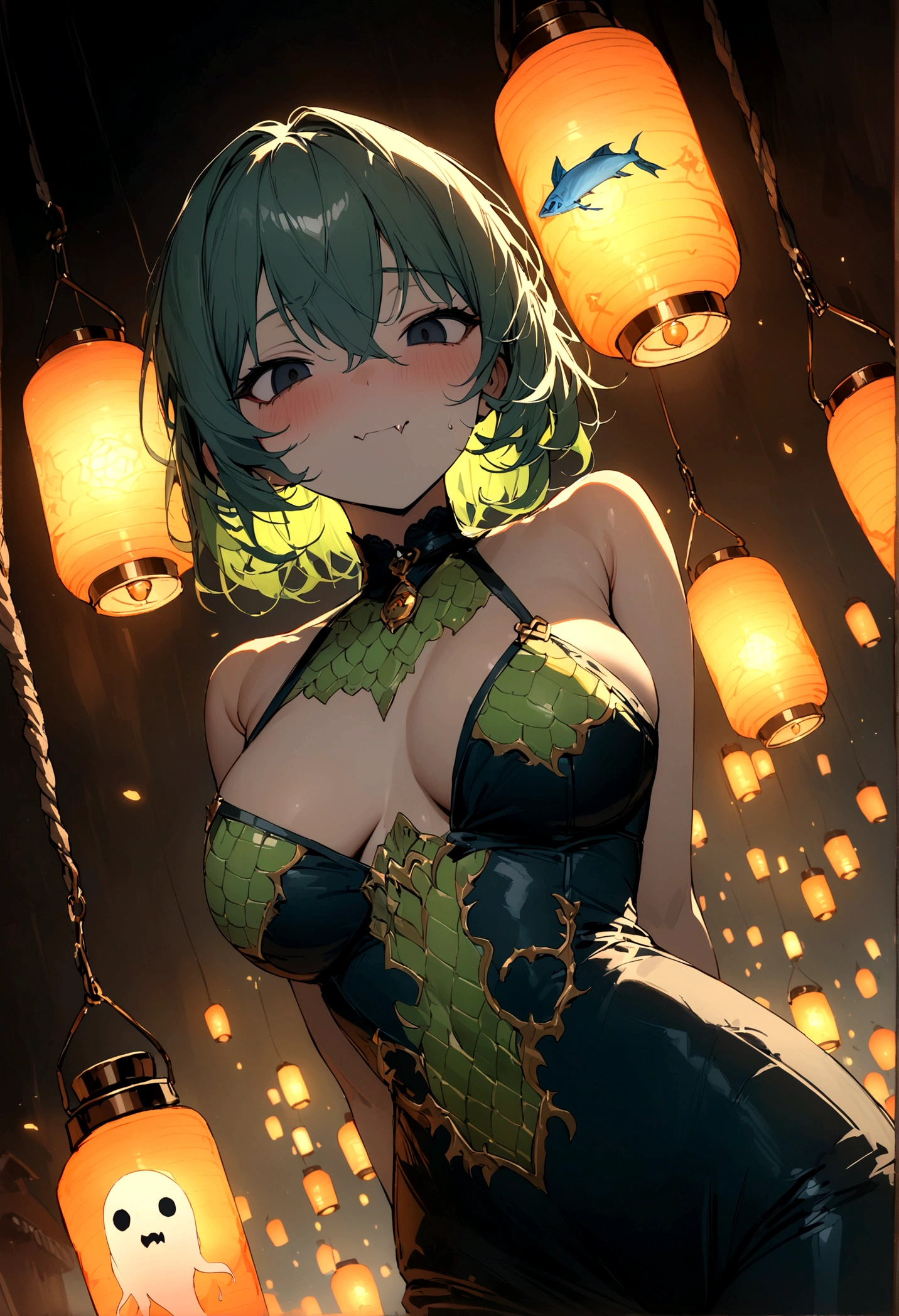 Green Scales、Blue Fin、black eye、Ghostly fish with a fanged mouth, Eerie floating lanterns, masterpiece, Highest quality
