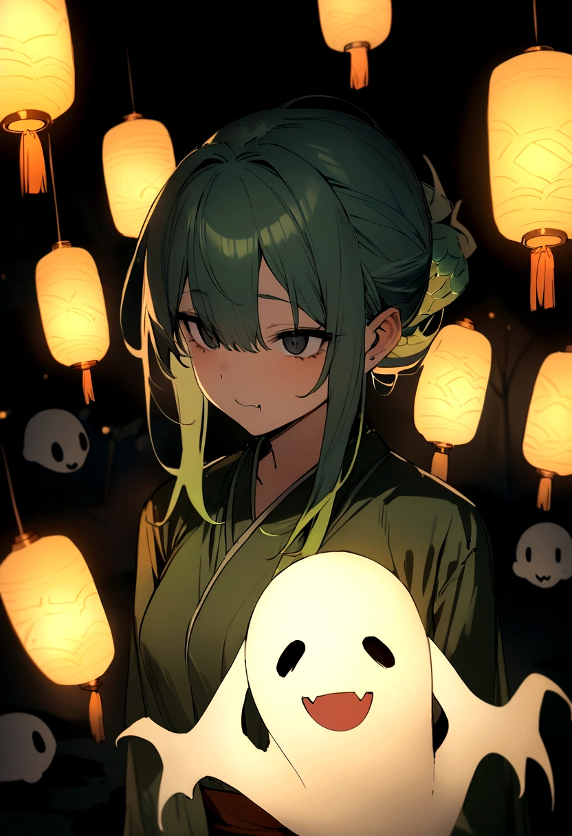 Green Scales、Blue Fin、black eye、Ghostly fish with a fanged mouth, Eerie floating lanterns, masterpiece, Highest quality
