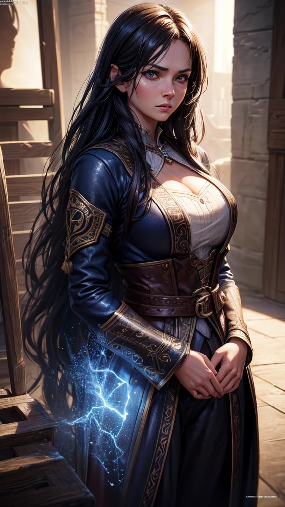 Hyper-realistic portrait of a woman ,Fantasyart, photo realist, dynamic lighting, art station, posters, volumetric lighting, Very Detailed Faces, 4K, awardwinning,, 1 girl, in dark, deep shadow, subtle,cowboy shot,(official clothing:1.4) ,long hair,hair blue,