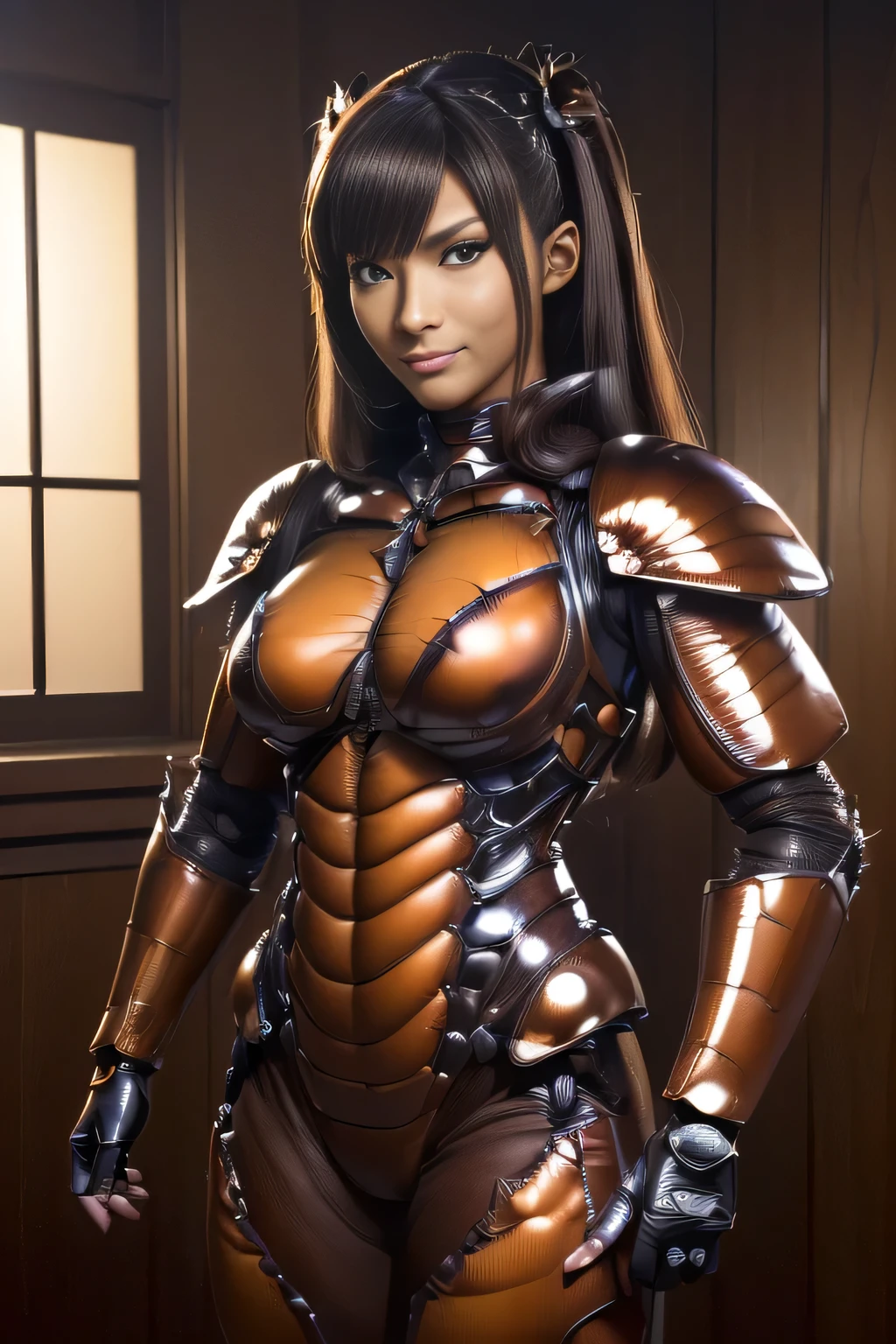 (high resolution,masterpiece,best quality,extremely detailed CG, anime, official art:1.4), realistic, photo, amazing fine details, all intricate, gloss and shiny,awesome many layers, 8k wall paper, 3d, sketch, kawaii, illustration,( solo:1.4), perfect female proportion,villainess, (fusion of dark brown cockroach and lady:1.4), (brown cockroach form lady:1.2), (brown cockroach lady:1.2), (fusion:1.2), (solo:1.4), (evil smile:1.2), muscular, abs, (cockroach brown exoskeleton bio insect suit:1.4), (cockroach brown exoskeleton bio insect armor:1.2), (brown transparency cockroach wing:1.4), (brown cockroach antennae:1.3),