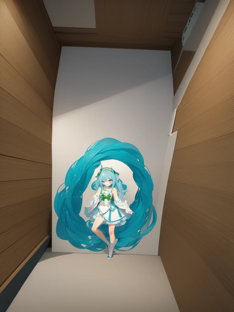 (artwork), (great work), (indirect lighting), (Chibi Cute Studio), (GIFcuteアニメ), (cute cute), (Highly detailed CG 8k unit wallpaper), (One girl) cuteドレスを着て, cuteフリルのティアラが付いた長い青い髪, Wearing silk gloves, White skin, Green and blue eyes, (cute)