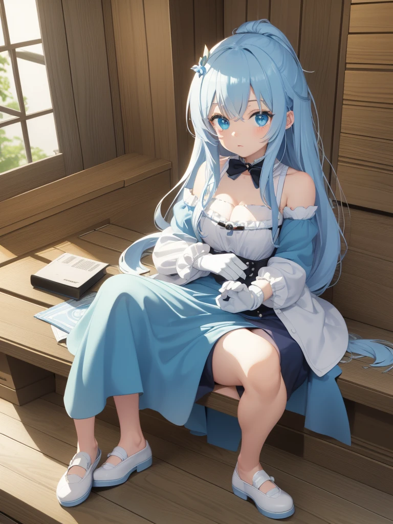 (artwork), (great work), (indirect lighting), (Chibi Cute Studio), (GIFcuteアニメ), (cute cute), (Highly detailed CG 8k unit wallpaper), (One girl) cuteドレスを着て, cuteフリルのティアラが付いた長い青い髪, Wearing silk gloves, White skin, Green and blue eyes, (cute)
