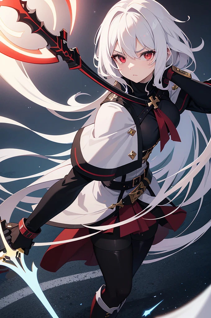 there is an anime character with a giant battle Axe holding the hand, 1girl, solo, long white hair, weapon, red eyes, holding, holding weapon, black footwear, boots, pantyhose, cross, knee boots, looking at viewer, belt, capelet, hair between eyes, long sleeves, black capelet, black pantyhose