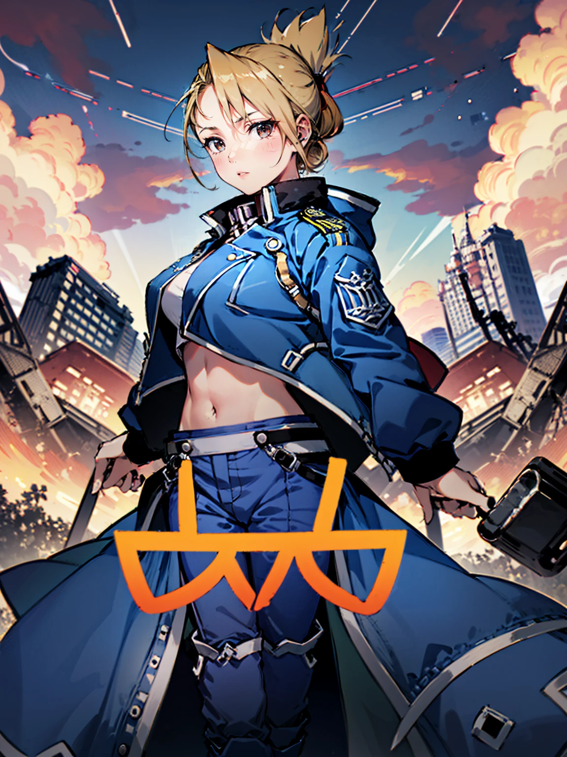 masterpiece, Highest quality, High resolution, One girl, (Blue jacketの下にBlack innerwearを着ている), Folded ponytail, Brown eyes, , (uniform, Blue jacket, Blue pants), ,Big Breasts, Black innerwear, (
