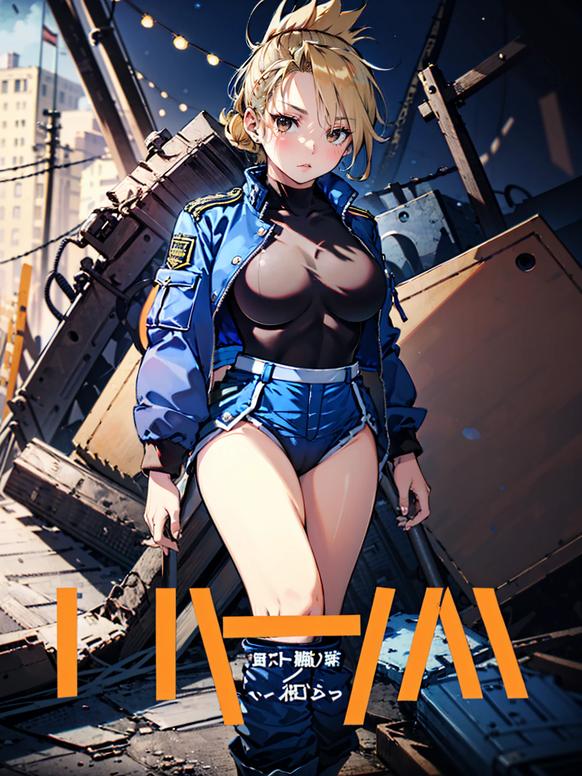 masterpiece, Highest quality, High resolution, One girl, (Blue jacketの下にBlack innerwearを着ている), Folded ponytail, Brown eyes, , (uniform, Blue jacket, Blue pants), ,Big Breasts, Black innerwear, (
