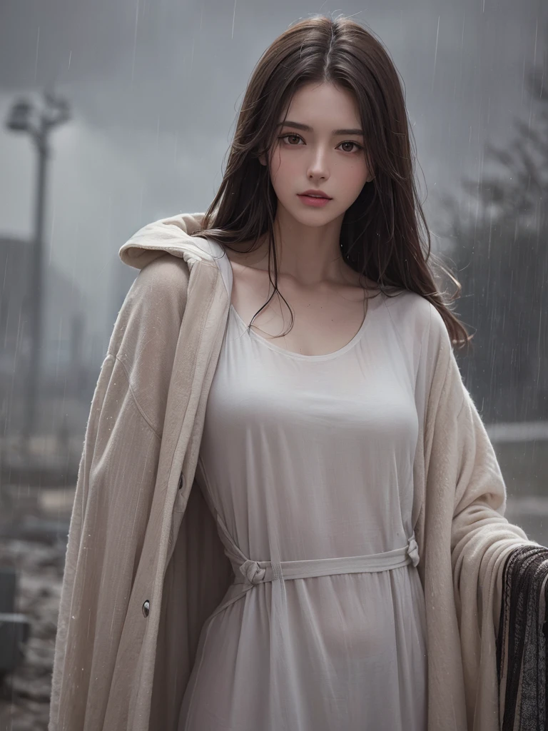 best quality,tmasterpiece,High resolution,Realistic,RAW photo,1girl,dark brown hair,Tall and tall,standing outside in the rain,Sense of strong contrast,Soft and textured skin, cold morning, With a shallow smile, With deep eyes