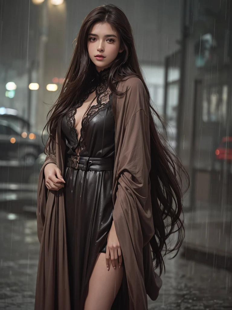 best quality,tmasterpiece,High resolution,Realistic,RAW photo,1girl,dark brown hair,Tall and tall,standing outside in the rain,Sense of strong contrast,Soft and textured skin, cold morning, With a shallow smile, With deep eyes