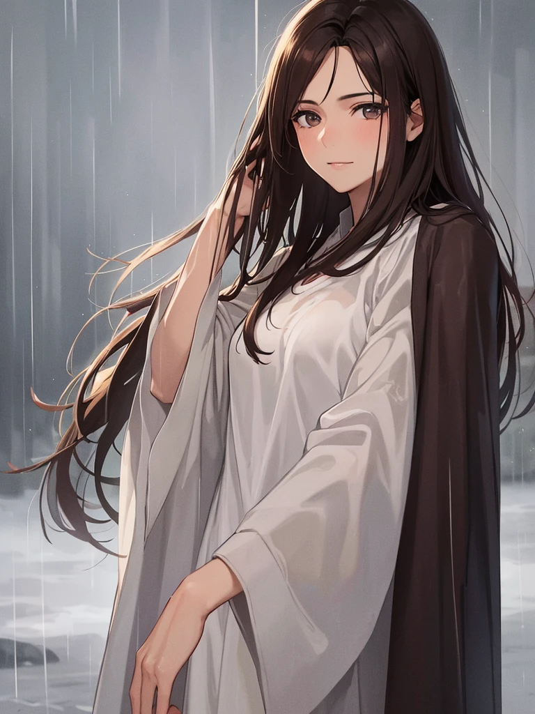 best quality,tmasterpiece,High resolution,Realistic,RAW photo,1girl,dark brown hair,Tall and tall,standing outside in the rain,Sense of strong contrast,Soft and textured skin, cold morning, With a shallow smile, With deep eyes