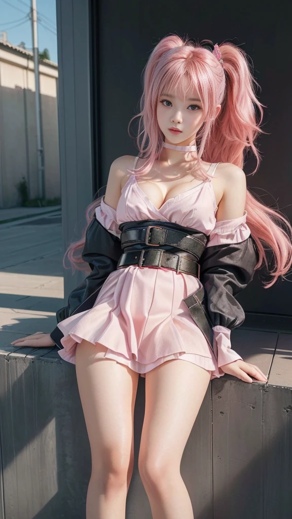女の子 with pink hair and a black belt sitting on a wall, Beautiful school girl, Cute girl visuals, Smooth CG art, Surreal, Cute girl in a nice dress, Seductive girls, (Beautiful breasts, Cleavage), Thin thighs, Small beautiful butt, (Stylish belt, Tight waist:1.3), Surreal , cute girl, Young girl, beautiful girl, Baby Face, ), I also make fan art, (Detailed eyes and face:1.3, Professional photography techniques), (Highest quality, 8K, masterpiece:1.2, RAW Photos), (Photorealism:1.4), Gaze at the viewer, (blush:1.2), (Perfect Anatomy:1.3), (Detailed hands:1.2, Beautiful little hands of a girl:1.3), (Smooth and beautiful body)