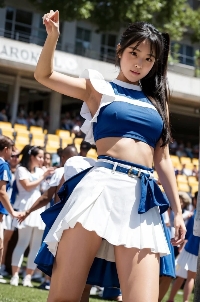 (Beautiful Japanese girl in her early s), (White pants), (Photographed from below), Cheerleader's legs spread, Hidden nipples, 1 girl, solo, cheerleader, perfect hands, open mouth, sad expression, long hair, blush, black hair, ponytail, belt, belly button, crop top, blue skirt, pleated skirt, removable sleeves, elbow gloves, looking at viewer, outdoor, stadium