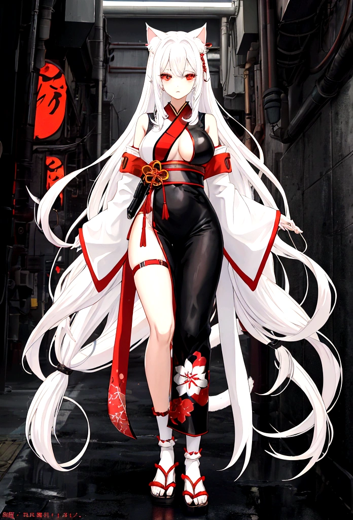 Make a full body character with 2D graphics based on current anime 4k-8k The character is 22 years old. Mature body with big breasts and curves. Eyes red, white cat ears, long white hair down to the ankles. Cat's furry tail. The outfit is a mix of traditional Japanese kimono, Qipao chines stylized in a cyberpunk way. The colors of the clothes are predominantly white with details of blood red and gold.. With sock 3/4 black and white, sandalhas ninja estilo cyberpunk.