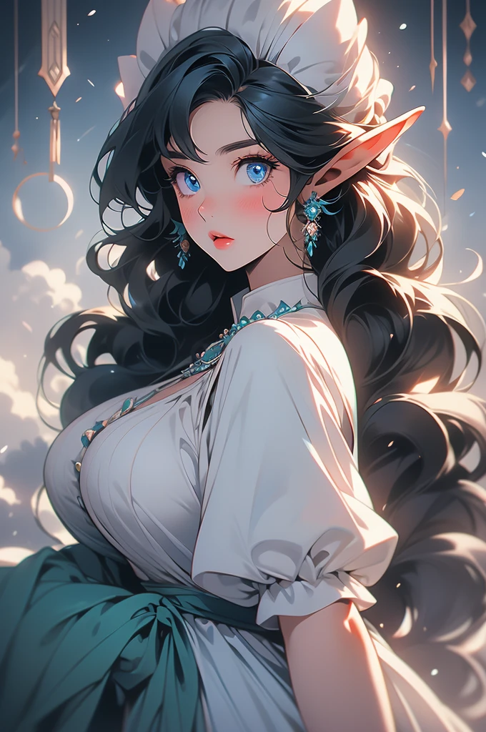 1girl, tall, powerful, colossal, black hair, maid uniform, voluptuous, plump, elven ears, blue eyes, shy, blushing, towering over viewer