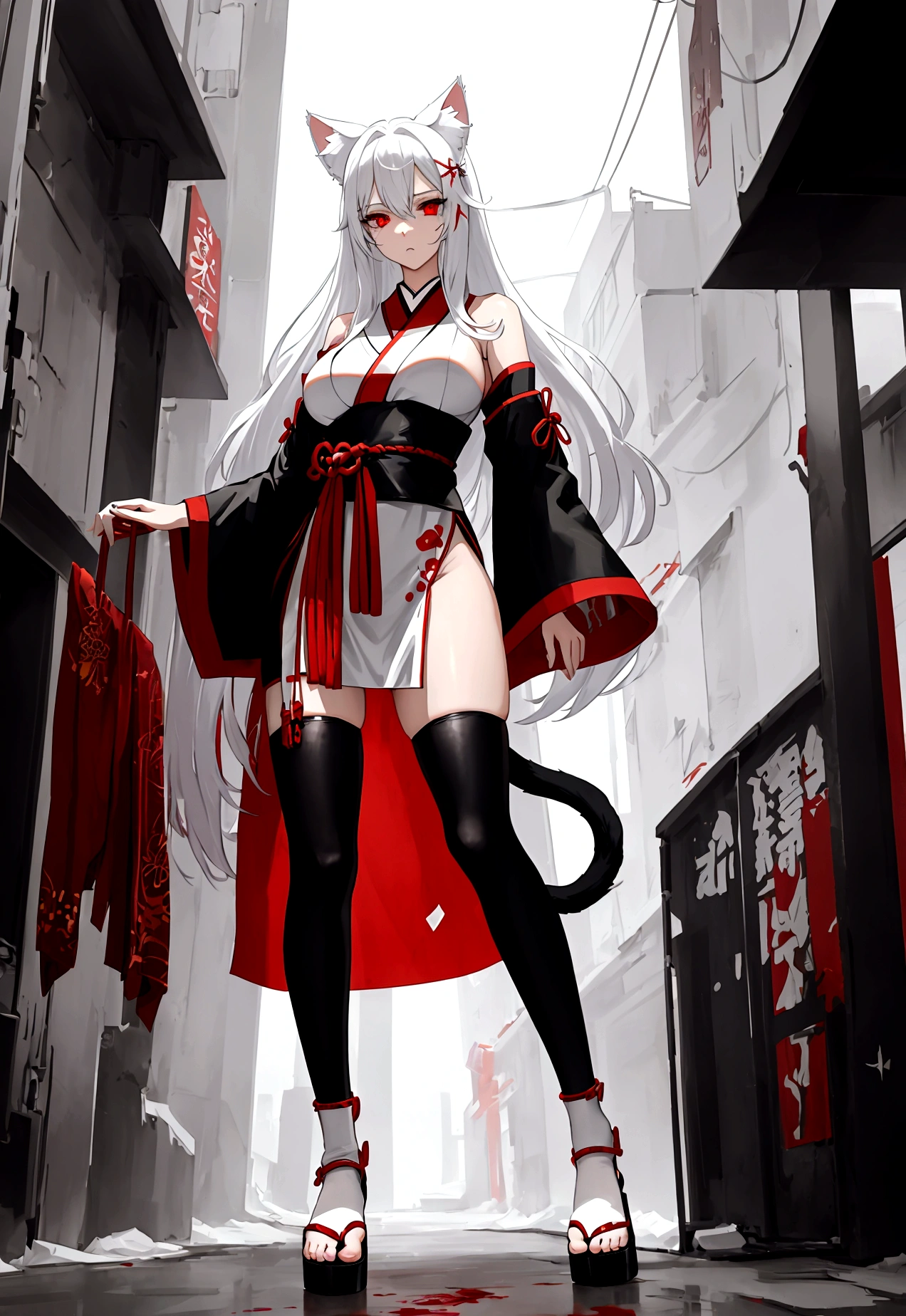 Make a full body character with 2D graphics based on current anime 4k-8k The character is 22 years old. Mature body with big breasts and curves. Eyes red, white cat ears, long white hair down to the ankles. Cat's furry tail. The outfit is a mix of traditional Japanese kimono, Qipao chines stylized in a cyberpunk way. The colors of the clothes are predominantly white with details of blood red and gold.. With sock 3/4 black and white, sandalhas ninja estilo cyberpunk.