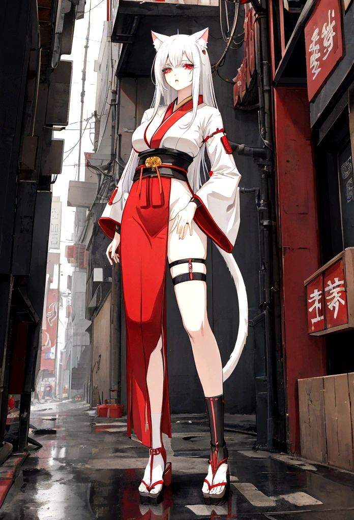 Make a full body character with 2D graphics based on current anime 4k-8k The character is 22 years old. Mature body with big breasts and curves. Eyes red, white cat ears, long white hair down to the ankles. Cat's furry tail. The outfit is a mix of traditional Japanese kimono, Qipao chines stylized in a cyberpunk way. The colors of the clothes are predominantly white with details of blood red and gold.. With sock 3/4 black and white, sandalhas ninja estilo cyberpunk.