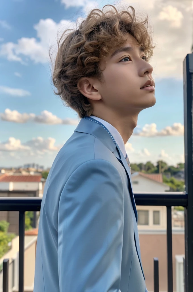 Beautiful and handsome very realistic curly-ish blonde-caramel haired softboy-ish BTS-like kinda young asian male boy looking up in a open area with a house in the background and a light blue kinda cloudy sky, frontal vision