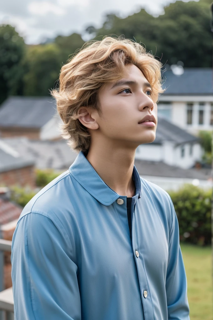 Beautiful and handsome very realistic curly-ish blonde-caramel haired softboy-ish BTS-like kinda young asian male boy looking up in a open area with a house in the background and a light blue kinda cloudy sky, frontal vision