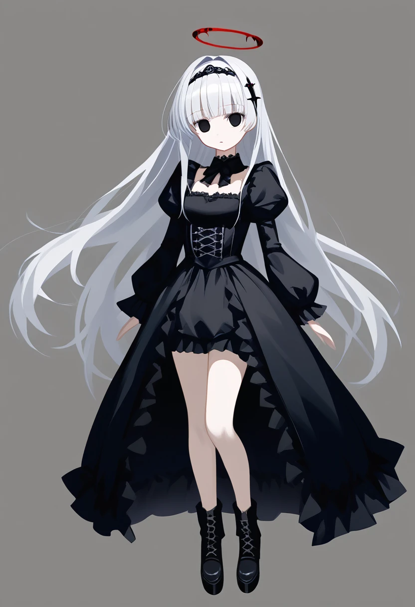 1 150 cm tall. long silver hair, Scrawny, knee length straight hair, Small face, Full body diagram, Gothic clothing style