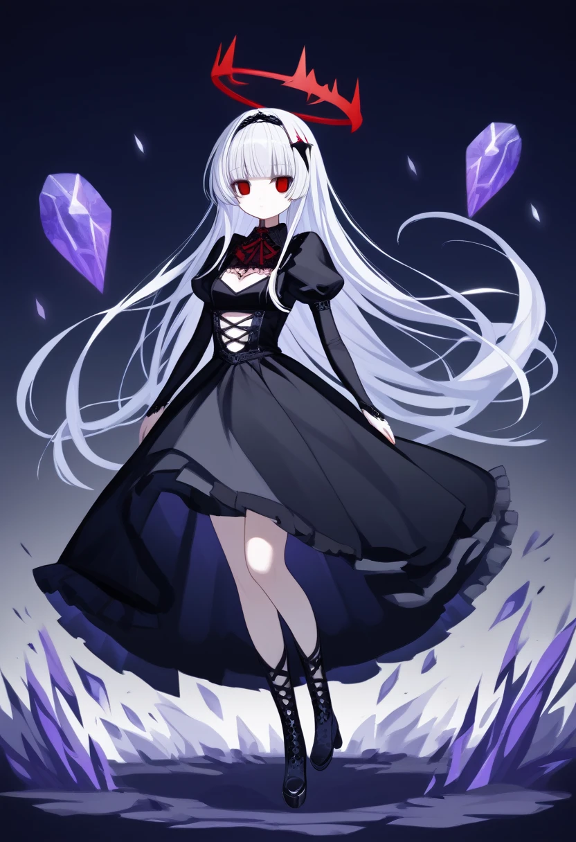 1 150 cm tall. long silver hair, Scrawny, knee length straight hair, Small face, Full body diagram, Gothic clothing style