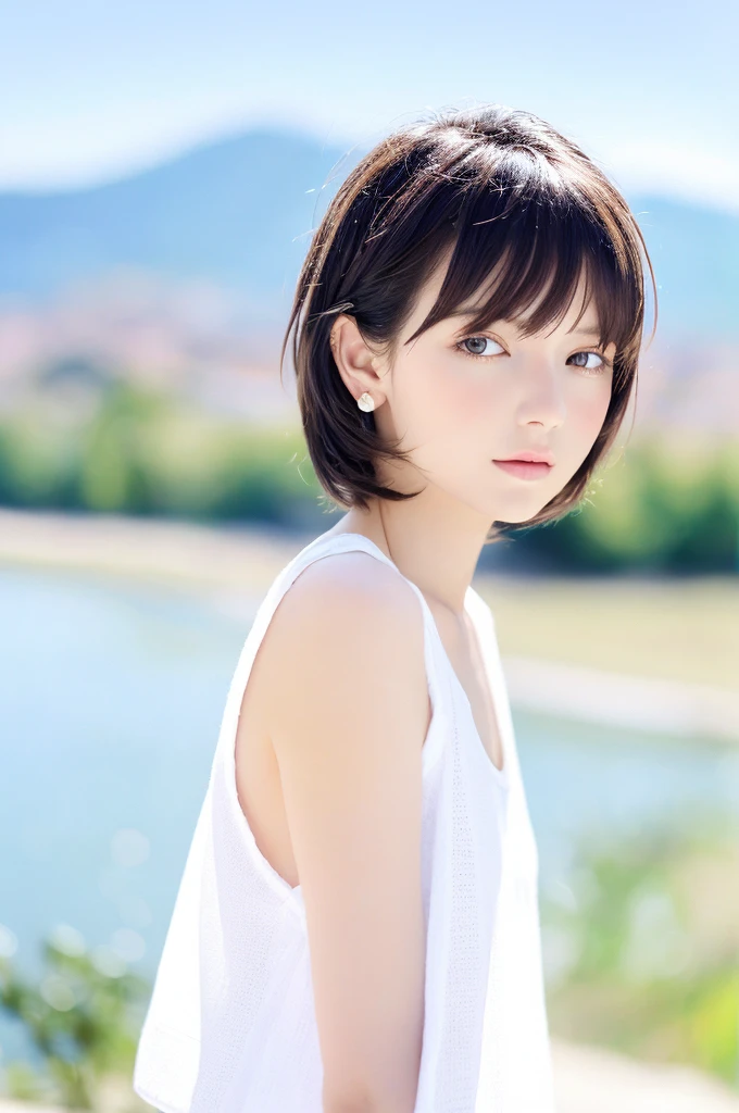 {{a extremely delicate and beautiful girl}}, {{extremely delicate and beautiful girl}}, {{{soft focus}}}, {{{perfect details}}}, {{{detailed and beautiful}}}, close shot, looking away, depthoffield, look up to, beautiful detailed fullbody, longuette, {{{woman}}}, young, very short hair, spiked hair, wept bangs, grey hair, Perfect face, ?, detailed beautiful eyes, white skin, piercing, harajuku fashion, sleeveless shirt, open clothes, landscapes, white background, blurry background, cinematic lighting, flowing transparent white, {{{best masterpiece}}}, {{{best quality}}}, {{{extremely detailed 8K wallpaper}}},