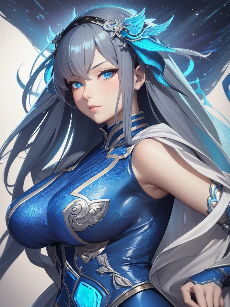 Close-up of woman in silver and blue dress, Chengwei Pan at Art Station, Jan J, Detailed fantasy art, Amazing character art, Fan Art Best Art Station, Magnificent and elaborate character art, Beautiful Armor, Highly detailed art gems, Detailed digital anime art, Art Station pixiv's artgerm, Armor Girl