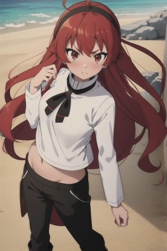 (masterpiece:1.4), (best quality:1.4), (((pixel-perfect, detail-perfect))), 1girl, eris boreas greyrat, red hair, long hair, hair between eyes, ahoge, black hairband, red eyes, medium breasts, huge belly, white t-shirt, long sleeves, (black pants:1.35), boots, (blushing, embarrassed:1.2), (outdoors:1.35), nsfw, detailed, flat, flat colors, 2D, (anime:1.45),  