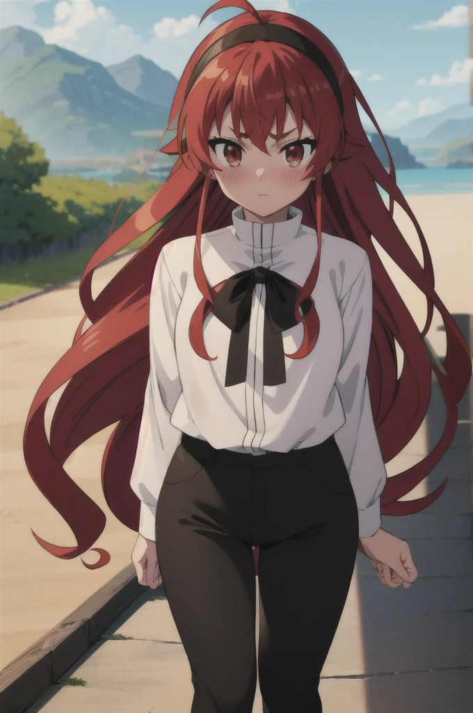 (masterpiece:1.4), (best quality:1.4), (((pixel-perfect, detail-perfect))), 1girl, eris boreas greyrat, red hair, long hair, hair between eyes, ahoge, black hairband, red eyes, medium breasts, huge belly, white t-shirt, long sleeves, (black pants:1.35), boots, (blushing, embarrassed:1.2), (outdoors:1.35), nsfw, detailed, flat, flat colors, 2D, (anime:1.45),  