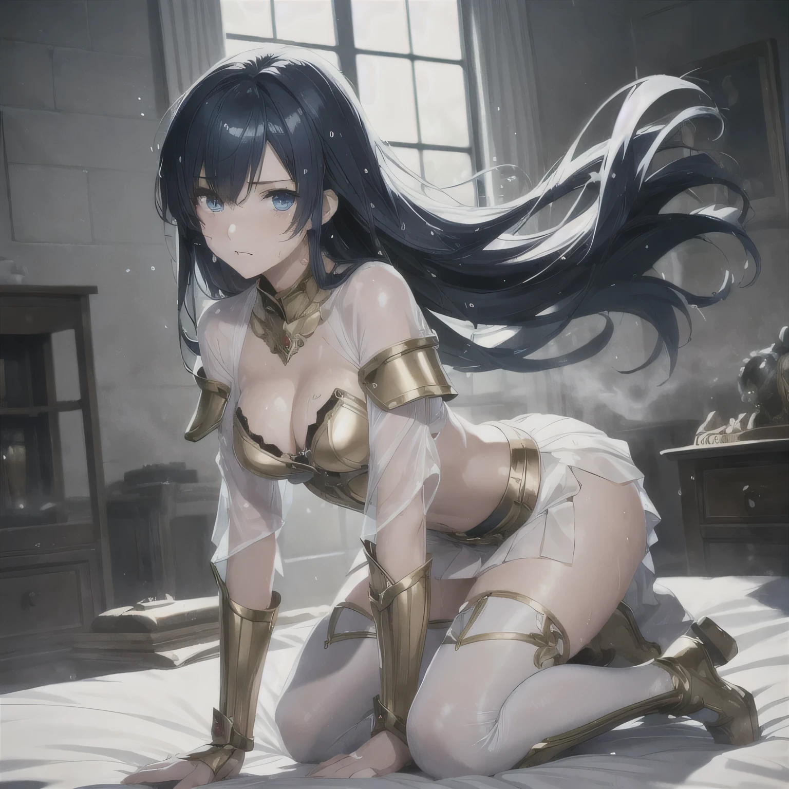 ((masterpiece)), ((Highest quality)), ((High resolution)), 4K, super detailed skin,
BREAK Anime woman in white dress, Zodiac Knight Girl, portrait Zodiac Knight Girl, Anime Goddess, rogue anime girl ayanami rei,
BREAK 1 woman,
BREAK flat chest, slender, athletic,
BREAK ((full body shot)), whole body, on one knee, arms behind back
BREAK 18 years old, Woman in her 20s,
BREAK Fantasy-style anime,
BREAK White pleated skirt, small, mini, pleated skirt, torn clothes, (((see-through pleated shirt))), wet clothes, dripping,
BREAK Roman warriors, Valkyrie Princess,
BREAK Golden Bikini, Bikini-like metal armor, Cleavage, Off-Shoulder,
BREAK ((gold armor knee-high boots)), ((gold metal boots)), thighhighs, Gold metal choker, Princess Blade, Mini Cropped,
BREAK Detailed face, beautiful face, Navy blue Eyes, with tears in eyes,
BREAK Navy blue Hair, long hair, straight hair, swept back hair, Wet Hair, shiny hair, ((hair over one eye))
BREAK half-closed eyes, parted lips, light blush, wet face, (((steam))), drooling,
BREAK gleaming skin, wet, sweat skin, wet skin, fog skin, ((((wet skin with sweat)))),
BREAK inside, (((abandoned building))), ((hospital room)), (((on the bed))), prison,
BREAK Wallpaper Anime, Advanced Digital Animation Art”, 2. 5d cgi anime fantasy artwork, Anime Style 4k, dynamic angle