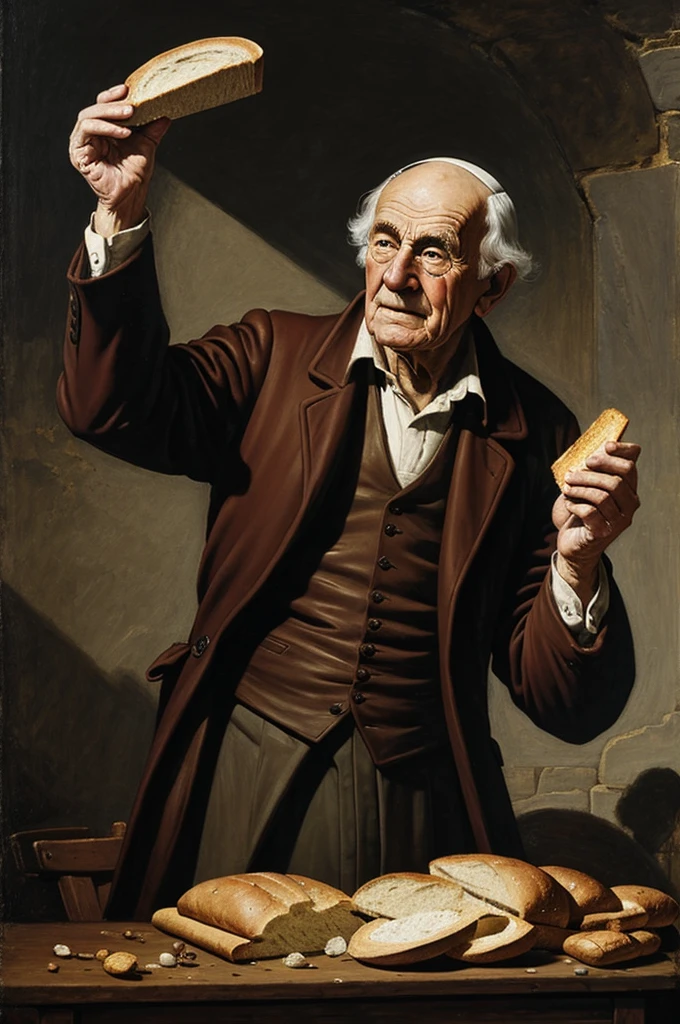 Elderly man grabbing bread that falls from the sky, very realistic with lots of detail, lights and shadows, Rembrant painting style 