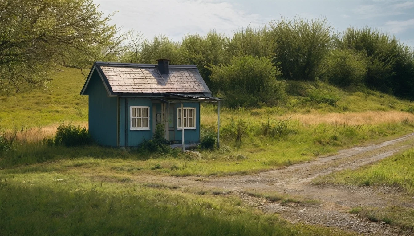 small house, end of the street, close to an open field, isolated, quiet day, no people in the environment