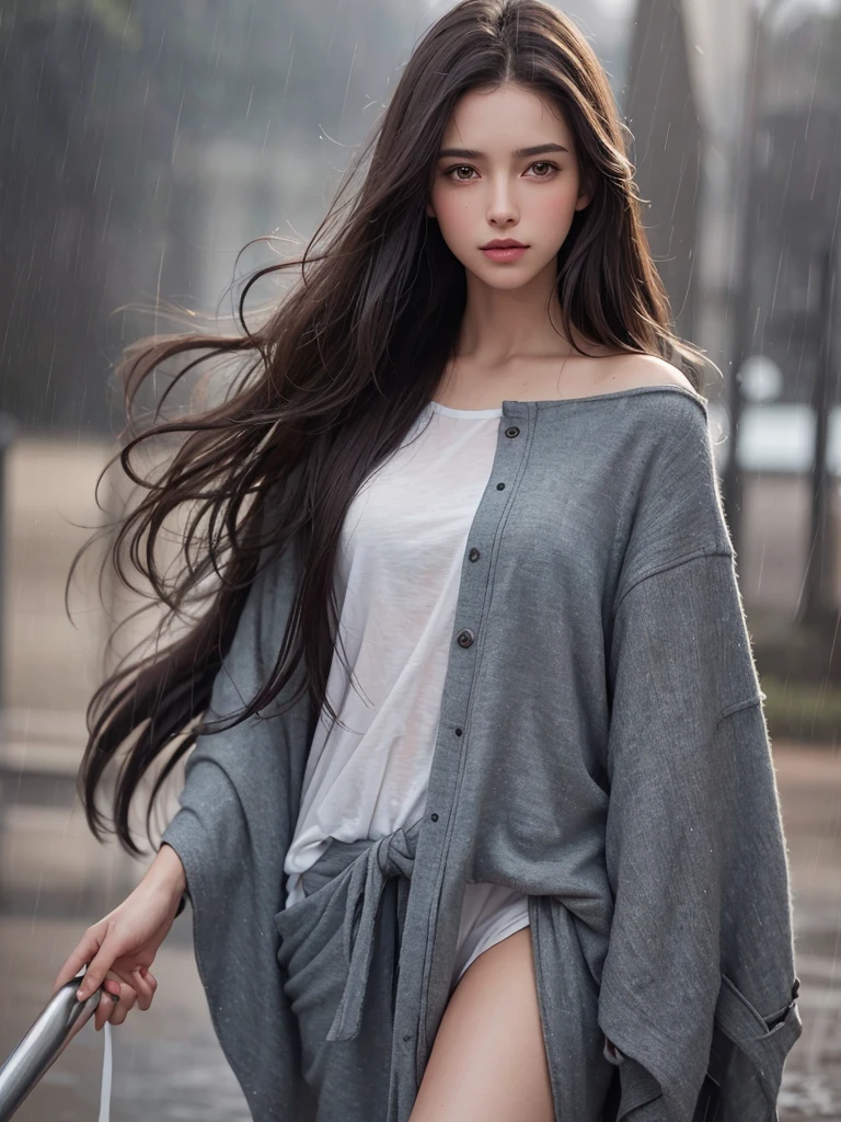 best quality,tmasterpiece,High resolution,Realistic,RAW photo,1girl,dark brown hair,Tall and tall,standing outside in the rain,Sense of strong contrast,Soft and textured skin, cold morning, With a shallow smile, With deep eyes