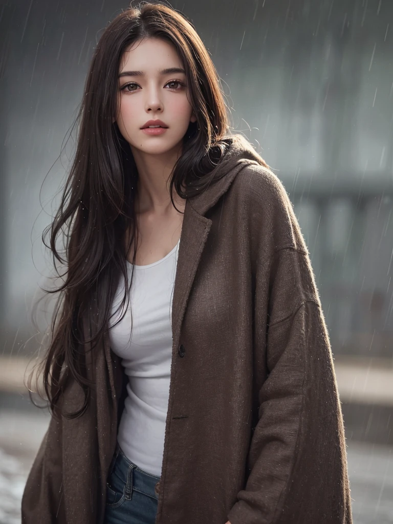 best quality,tmasterpiece,High resolution,Realistic,RAW photo,1girl,dark brown hair,Tall and tall,standing outside in the rain,Sense of strong contrast,Soft and textured skin, cold morning, With a shallow smile, With deep eyes
