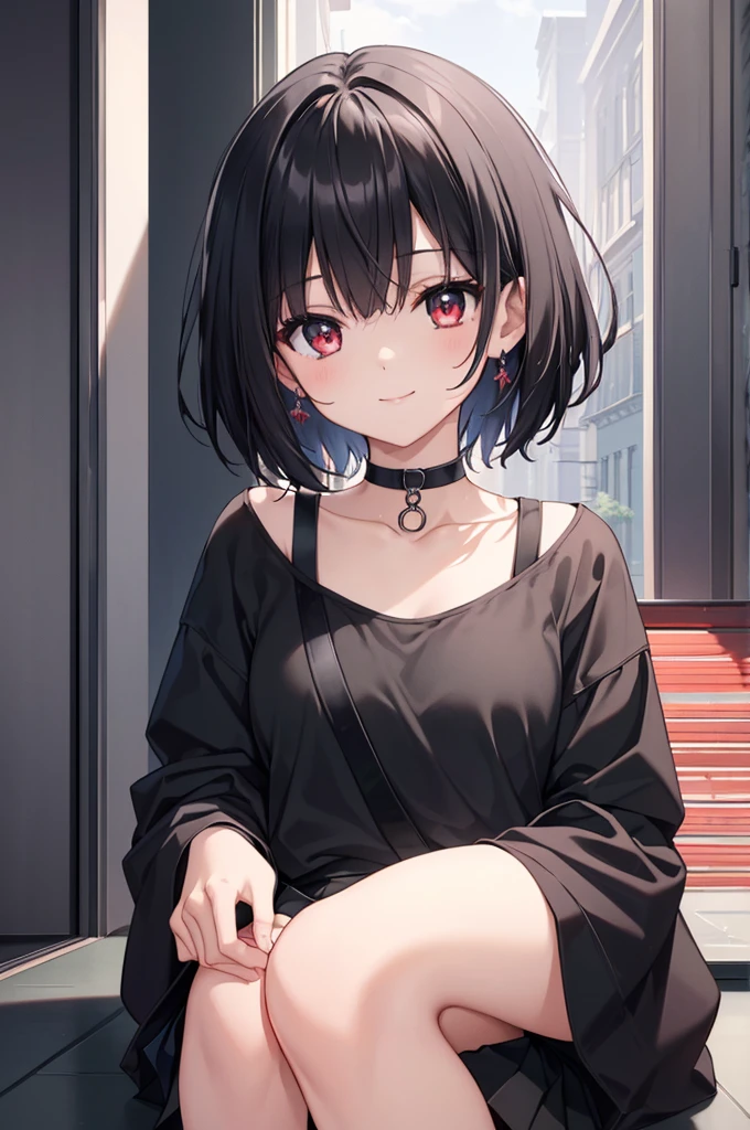 (masterpiece, highest quality, highest quality, (No text), Beautiful and aesthetic:1.2),No text,アニメ、BREAK,One Girl,Black Hair Girl short hair older sister choker Tree Eyes Beautiful eyes Red eyes cool smile Red and Black Black jacket mini skirt whole body In town