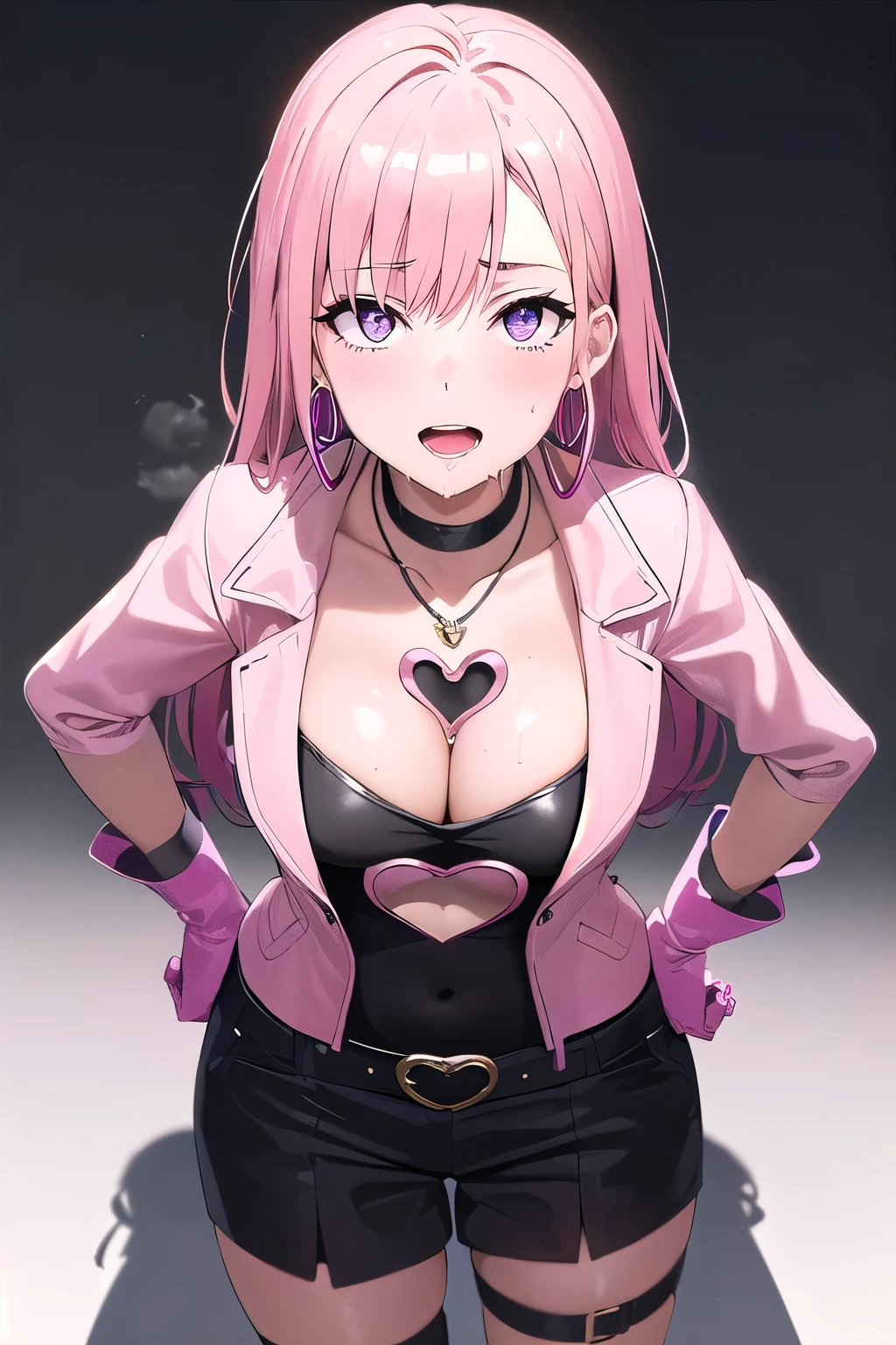 (8K, top-quality, masterpiece:1.2), (reallistic, Photorealsitic:1.37), Super Detail, One girl,), (Highly detailed), (beautifully detailed eyes), (of the highest quality), (super detailed ), (masterpiece), (Detailed face),20yr old, ,1 girl, ((pink hair,long hair)), medium breasts, clothed, Perfect Lighting, BREAK, (sexy superheroine:1.5), (hot pink:1.5), (glossy bodysuit:1.5), (white:1.3), (black stripes:1.4), (skin-tight:1.5), (short pink jacket:1.4), (plunging neckline:1.5), (heart-shaped chest cutout:1.5), (long sleeves:1.4), (high-waisted:1.4), (wide-leg:1.4), (side slit:1.3), (white thigh-high socks:1.3), (black knee-high boots:1.4), (pink gloves:1.3), (pink wide belt:1.3), (choker necklace:1.3), (large hoop earrings:1.3), (pink gauntlets:1.3), (heart pendant necklace:1.3), BREAK, (sexy pose:1.3), (confident stance:1.4), (long pink hair:1.3), (wavy voluminous hairstyle:1.4), (mysterious closed-mouth smile:1.4), (direct gaze:1.4), (upper body to knees in frame:1.3), (hands on hips:1.3), (one hand in hair:1.3), (dark studio background:1.3), (black or dark gray:1.3), (dramatic lighting:1.3), (sharp contrasting shadows:1.4), (spotlight on vibrant pink outfit:1.5), BRAKE (sweat:1.5), (steam:1.2), (masturbation:1.2), (girl trembling with sexual climax:1.1), (looking at viewer:1.3), (open mouth, drool:1.2), (NSFW:1.1)