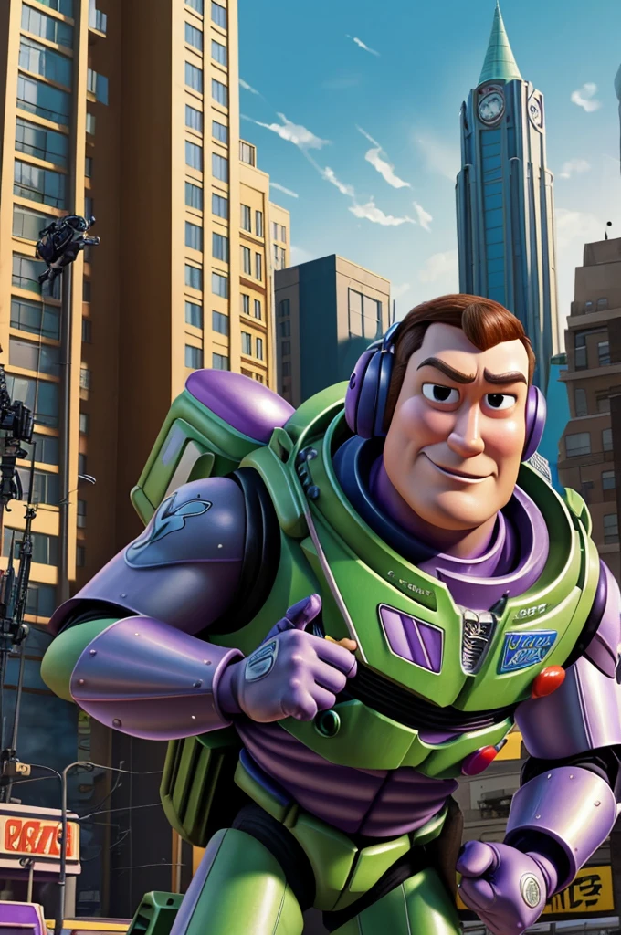 Create a vibrant and detailed Disney/Pixar-style cartoon drawing depicting Buzz Lightyear as a member of a SWAT team. He is in full tactical gear, including body armor, helmet and high-tech equipment as he handles a dynamic operational situation. The background shows an urban environment that conveys tension and drama.