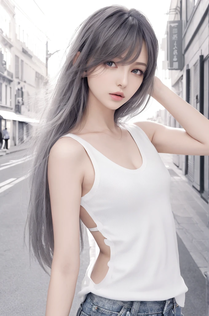 {{a extremely delicate and beautiful girl}}, {{extremely delicate and beautiful girl}}, {{{soft focus}}}, {{{perfect details}}}, {{{detailed and beautiful}}}, close shot, looking away, depthoffield, look up to, beautiful detailed fullbody, longuette, {{{woman}}}, young, Long hair, spiked hair, wept bangs, grey hair, Perfect face, ?, detailed beautiful eyes, white skin, piercing, harajuku fashion, sleeveless shirt, open clothes, landscapes, white background, blurry background, cinematic lighting, flowing transparent white, {{{best masterpiece}}}, {{{best quality}}}, {{{extremely detailed 8K wallpaper}}},