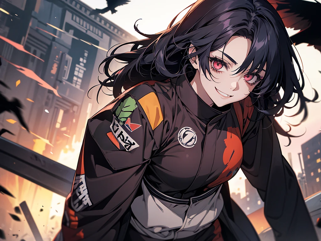 A girl in the Boku no hero style, She is wearing her hero outfit which consists of, a long-sleeved jumpsuit that covers your entire neck and ends in shorts, on top a kimono with a raven on each side drawn on it,
.The girl is a zombie, her hair is completely black, like her eyes, but her iris is red, her hair is loose, she has a smile on her face while controlling other zombies in Tokyo square