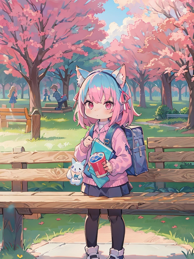 A vibrant park in the morning with soft sunlight streaming through the wood. The sky was clear and、There are a few fluffy clouds. Pink and blue hair girl, She is carrying a black backpack with a cute heart pattern on it., Standing near the playground, holding a smartphone. She has cat ears and a thoughtful expression. background, A girl with bright blue hair and a big pink ribbon is talking to someone. There is a bench in the park, wood, Colorful playground equipment.