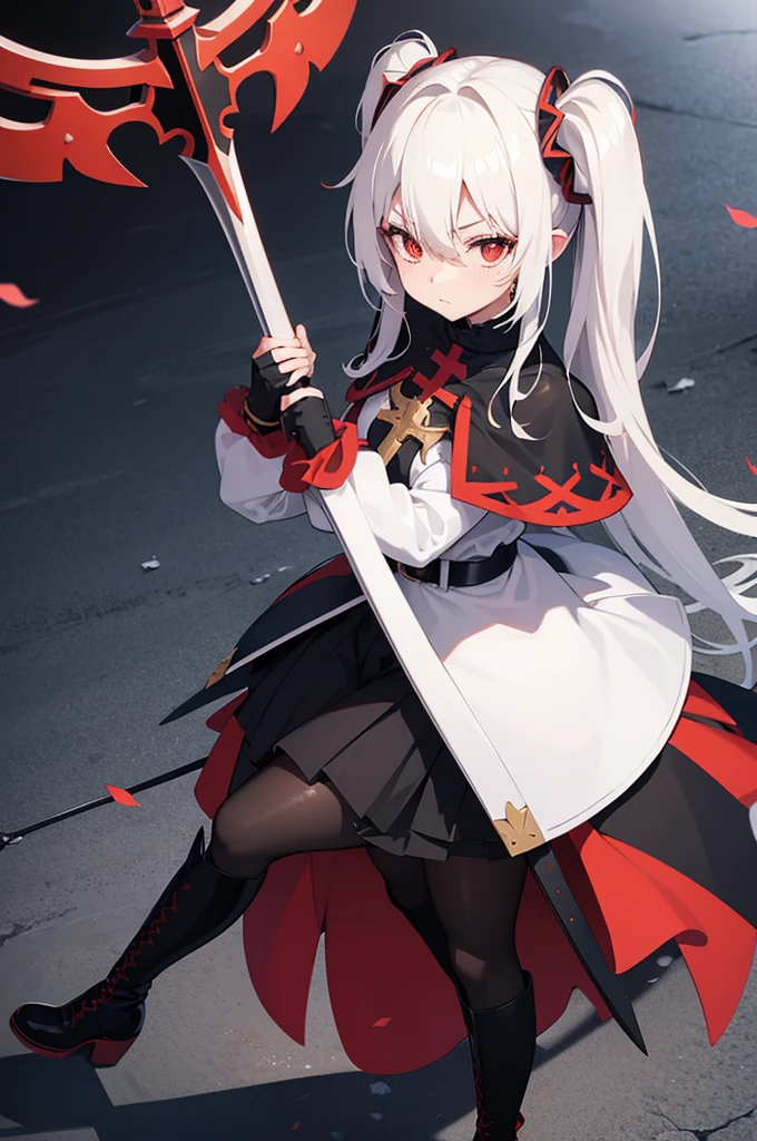there is an anime character with a giant battle Axe holding the hand, 1girl, solo, long white hair, red eyes, holding, ((holding battleaxe)), black footwear, boots, pantyhose, cross, knee boots, looking at viewer, belt, capelet, hair between eyes, long sleeves, black capelet, black pantyhose
